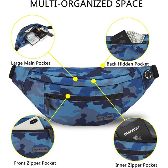 Women Men Camo Blue Large Crossbody Fanny Pack Belt Bag Hands-Free Waist Pack - Picture 3 of 7